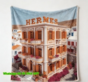 Luxury Hermès Santorini Orange Mansion Bougainvillea Print Flannel Throw Blanket IMG_5185